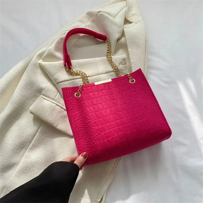 Solid Color Crocodile Print Large Capacity Shoulder Handbag
