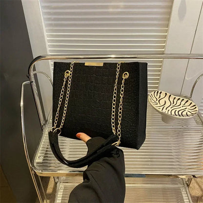 Solid Color Crocodile Print Large Capacity Shoulder Handbag