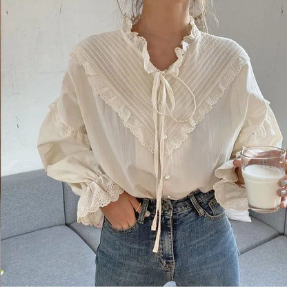 Lace Hollow-Out Long Sleeve Blouse