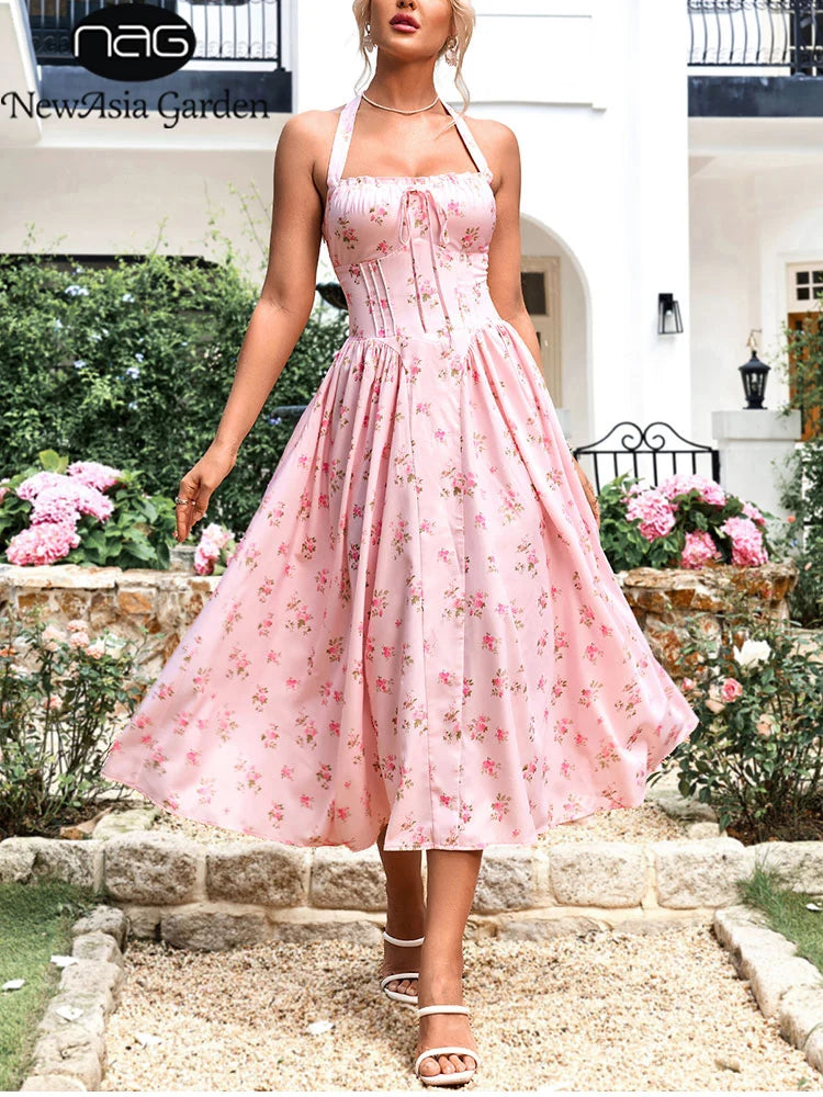 Halter Backless Print Floral Pink Dress
