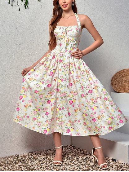 Halter Backless Print Floral Pink Dress