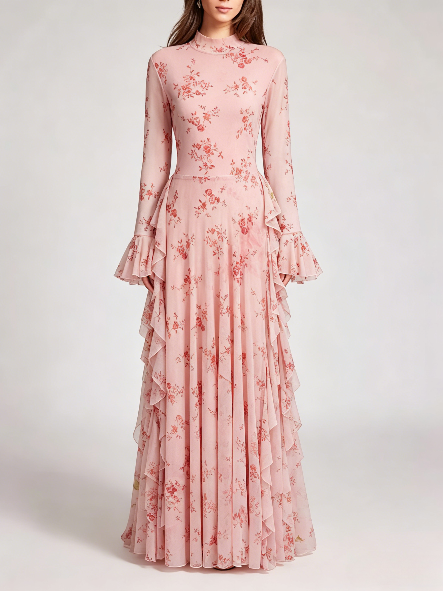 Party Dress Maxi Stand Collar Long Sleeves Floral Print Long Flared Sleeves Deep Brown Gown