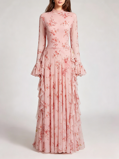 Party Dress Maxi Stand Collar Long Sleeves Floral Print Long Flared Sleeves Deep Brown Gown