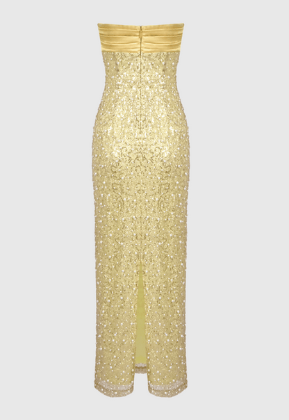 Nilsson Gold Satin Strapless Sequin Pearl Embellished Maxi Dress