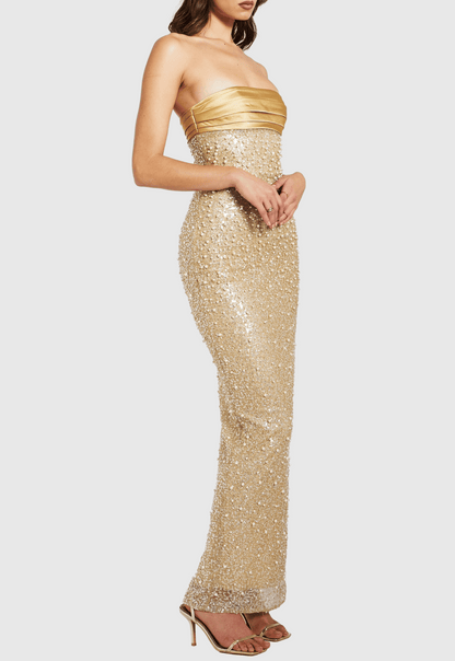 Nilsson Gold Satin Strapless Sequin Pearl Embellished Maxi Dress