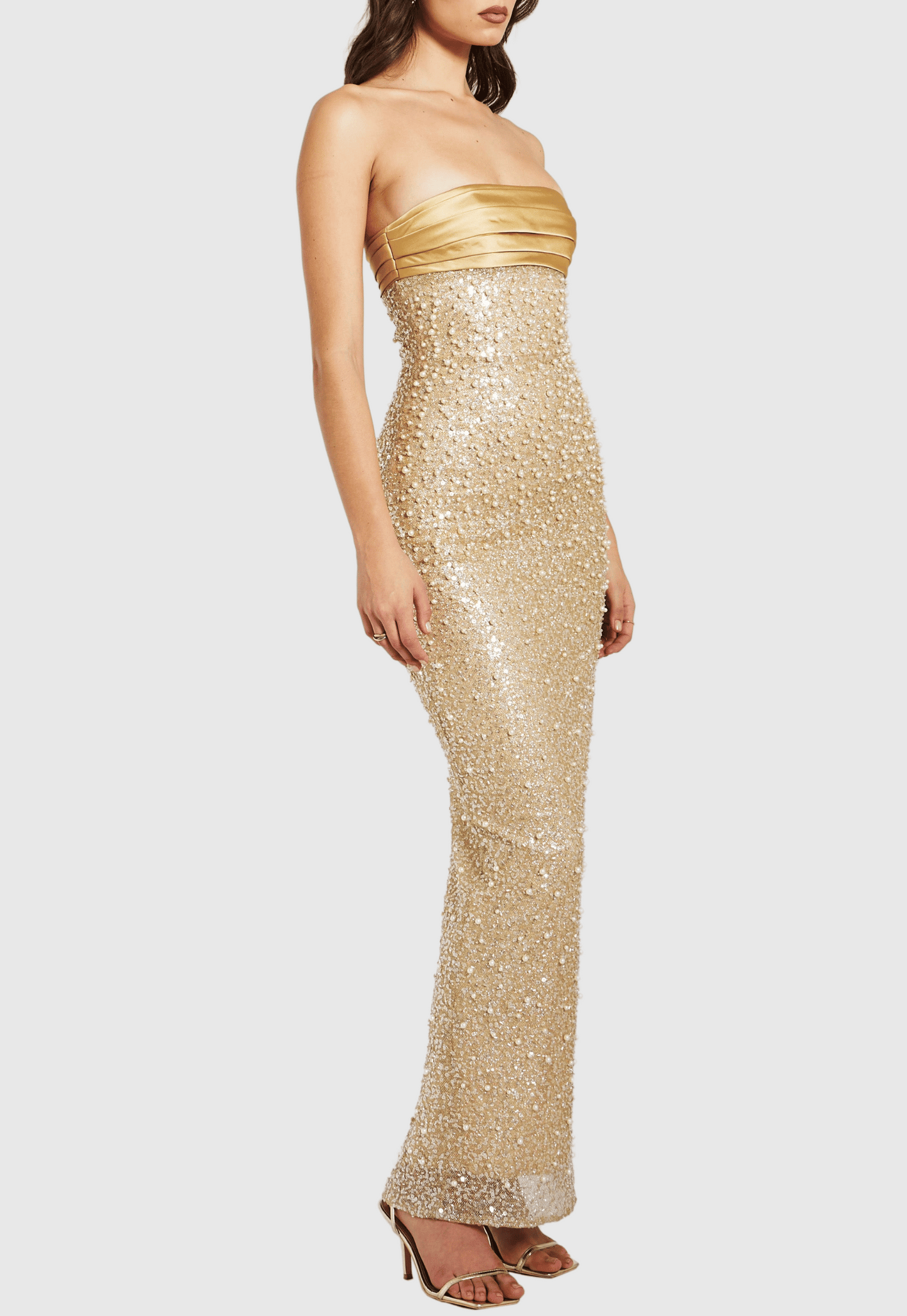 Nilsson Gold Satin Strapless Sequin Pearl Embellished Maxi Dress