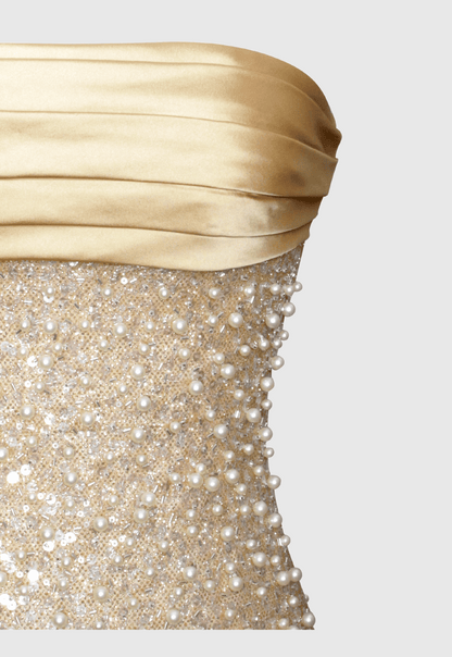 Nilsson Gold Satin Strapless Sequin Pearl Embellished Maxi Dress