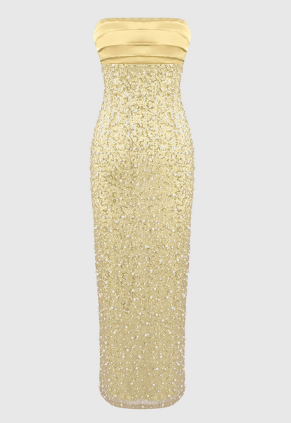 Nilsson Gold Satin Strapless Sequin Pearl Embellished Maxi Dress