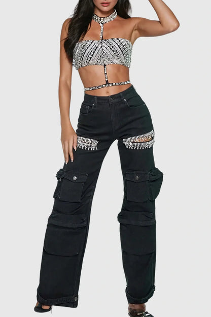 Nimat Rhinestone Cutout Cargo Jeans - Black