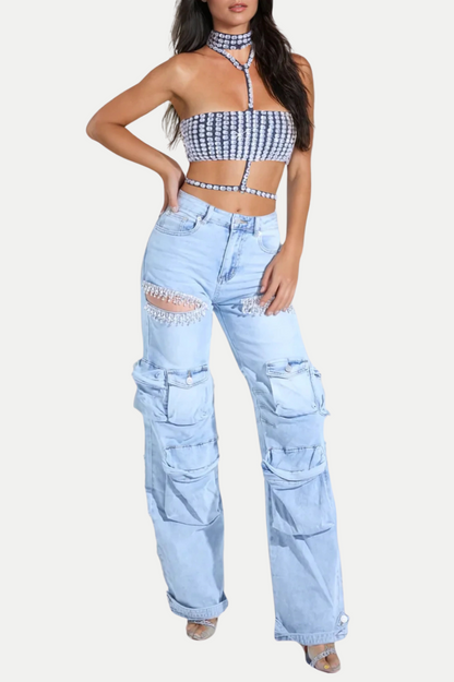 Nimat Rhinestone Cutout Cargo Jeans - Blue