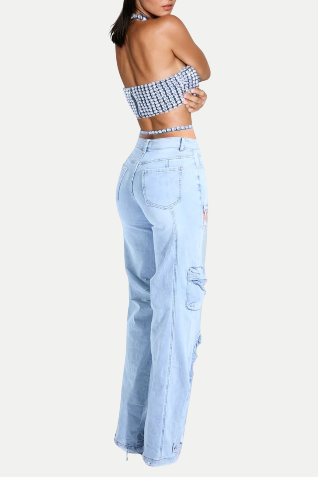 Nimat Rhinestone Cutout Cargo Jeans - Blue