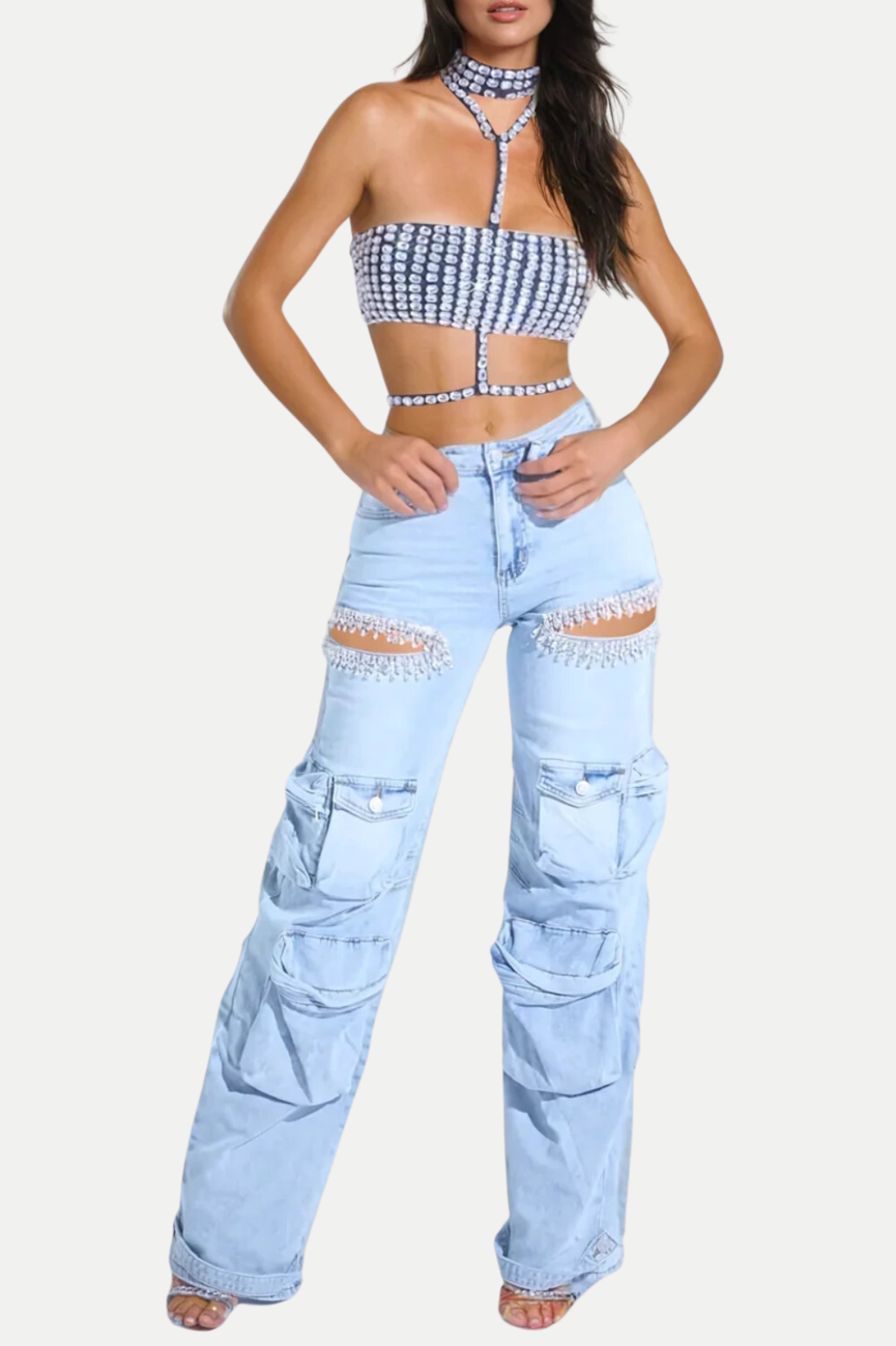 Nimat Rhinestone Cutout Cargo Jeans - Blue