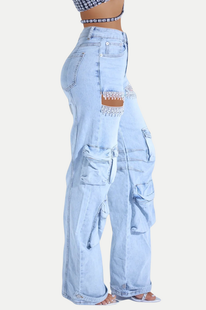 Nimat Rhinestone Cutout Cargo Jeans - Blue