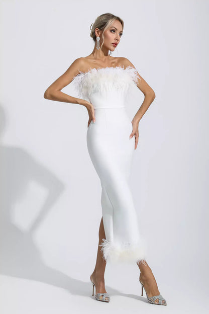 Noelle White Feather Off Shoulder Maxi Dress