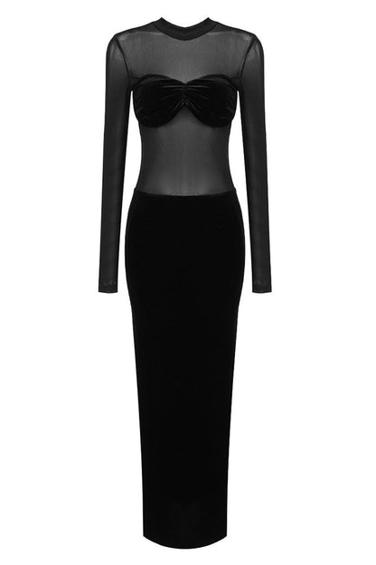 Novalee Mesh Long Sleeve Velvet Maxi Dress