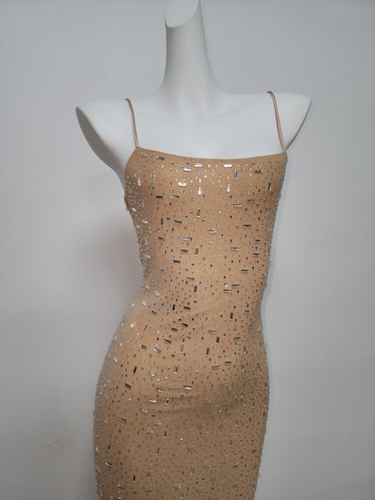 Starlit Hem Nude Rhinestone Glamorous Slimming Cami Dress