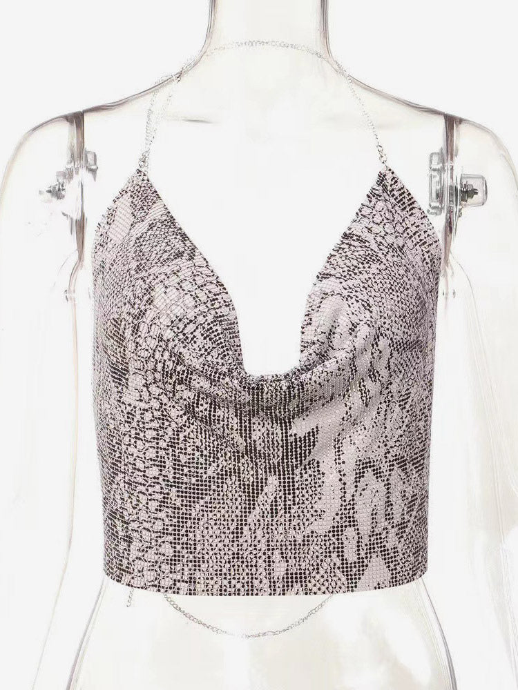 Sexy Straps Halter Metal Tops Sequin Clubwear Tops Sliver Sleeveless Spaghetti Straps Cami Draped Crop For Women