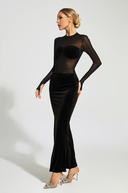 Nydia Black Mesh Velvet Maxi Dress