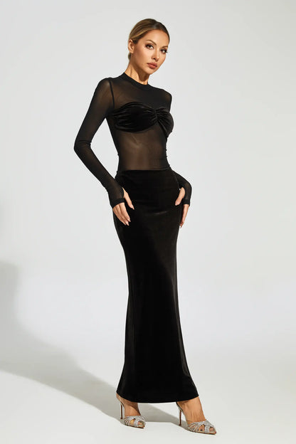 Nydia Black Mesh Velvet Maxi Dress