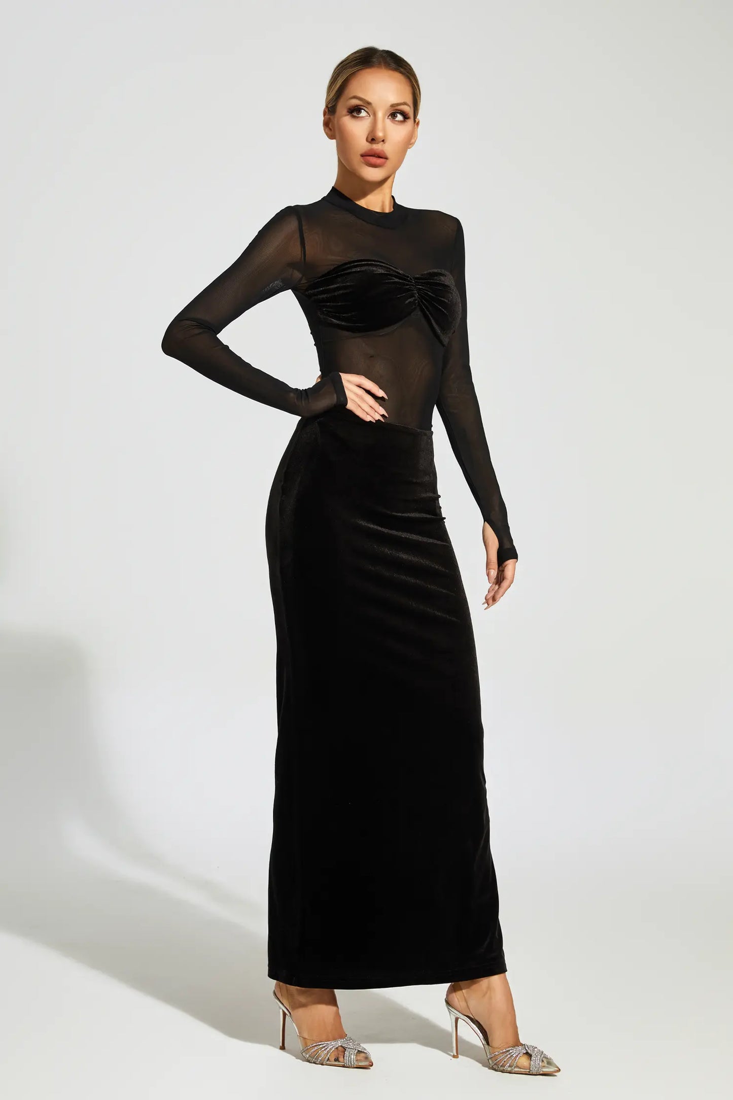 Nydia Black Mesh Velvet Maxi Dress
