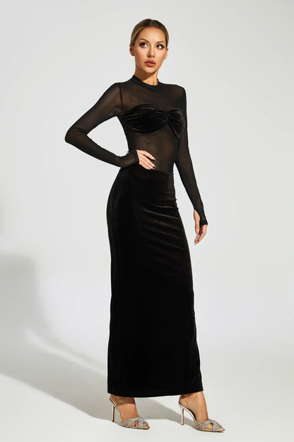 Nydia Black Mesh Velvet Maxi Dress