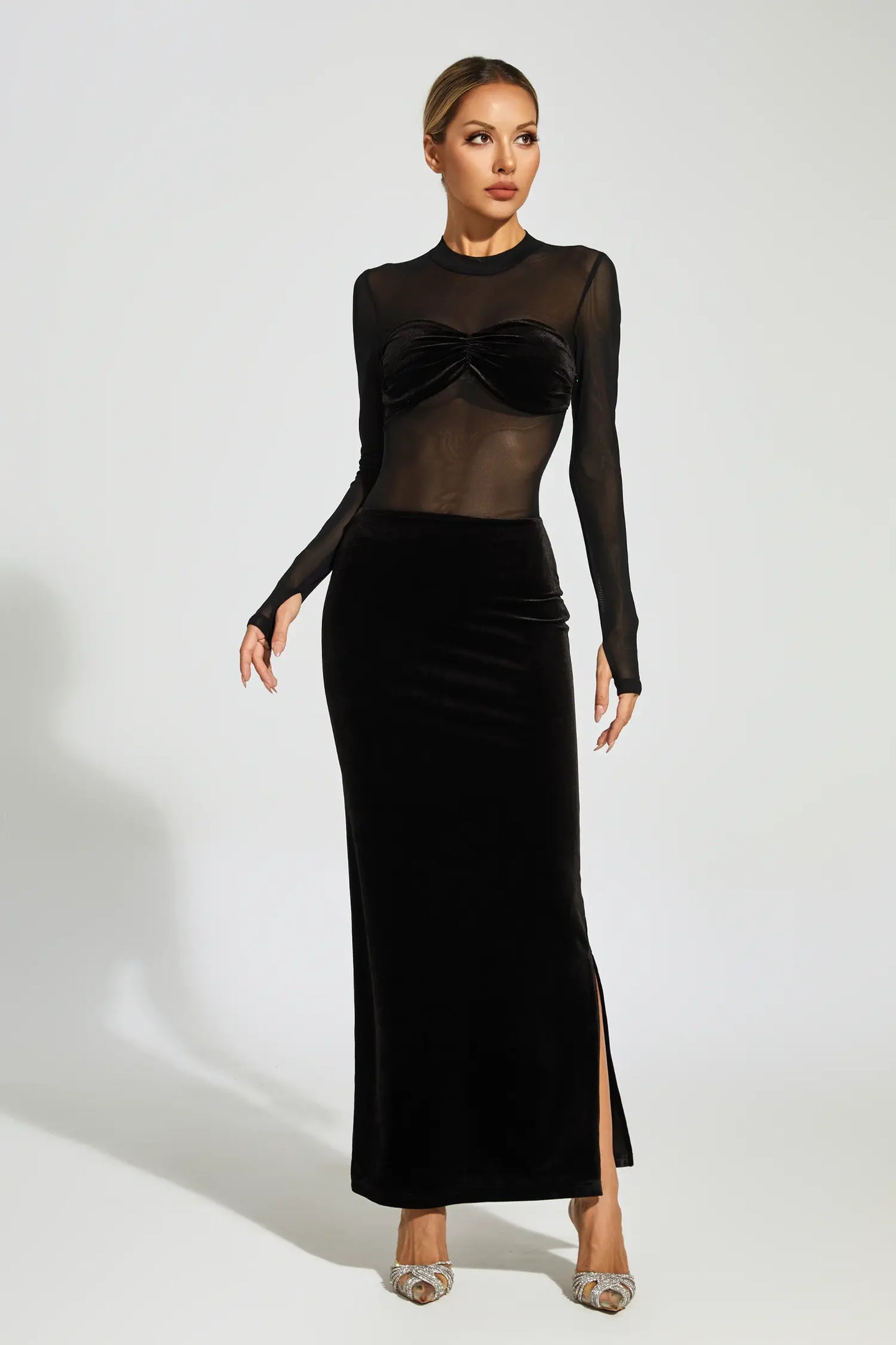 Nydia Black Mesh Velvet Maxi Dress