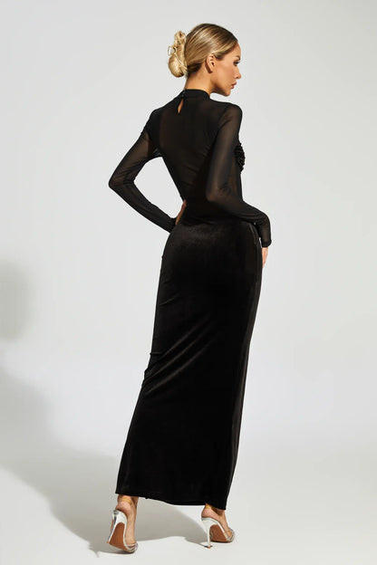 Nydia Black Mesh Velvet Maxi Dress
