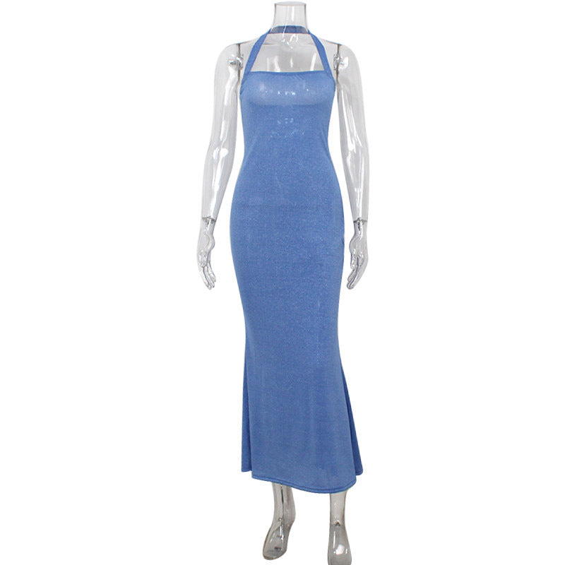 Square Neck Halter Strap Glitter Mermaid Hem Floor-Length Gown