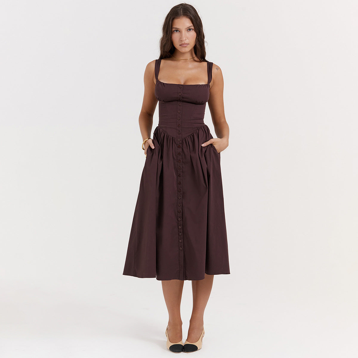 Square Neck Corset Bodice Button Front Pocket Midi Dress
