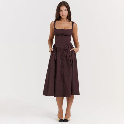 Square Neck Corset Bodice Button Front Pocket Midi Dress