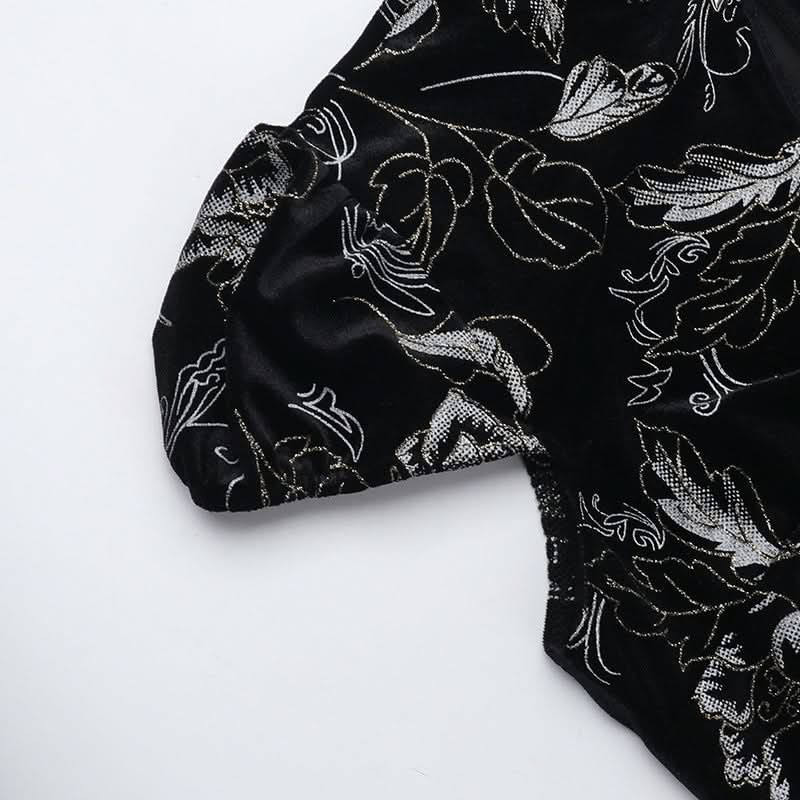 Cap sleeve flower pattern velvet button maxi dress