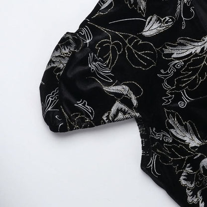 Cap sleeve flower pattern velvet button maxi dress