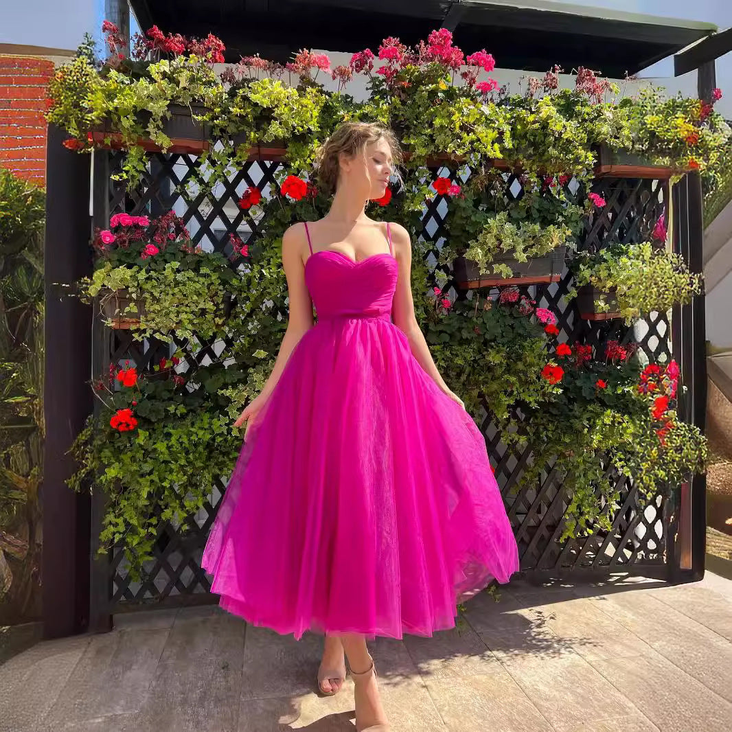 Ruched Sweetheart Spaghetti Strap Tiered Tulle A-Line Midi Dress