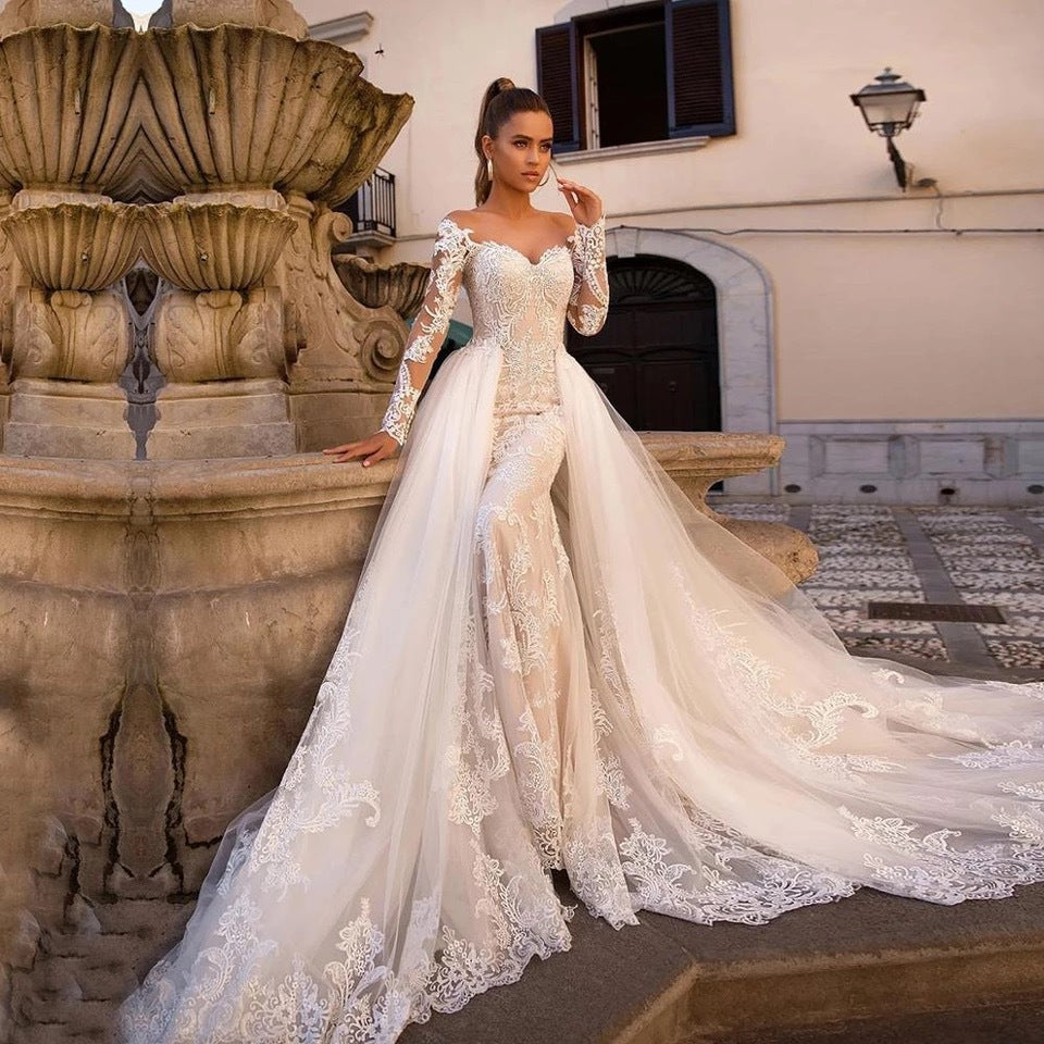 White Lace Backless Wedding Dress