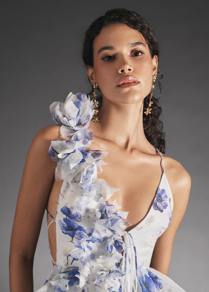 Azure Bloom - Ruffled Floral Mini Dress