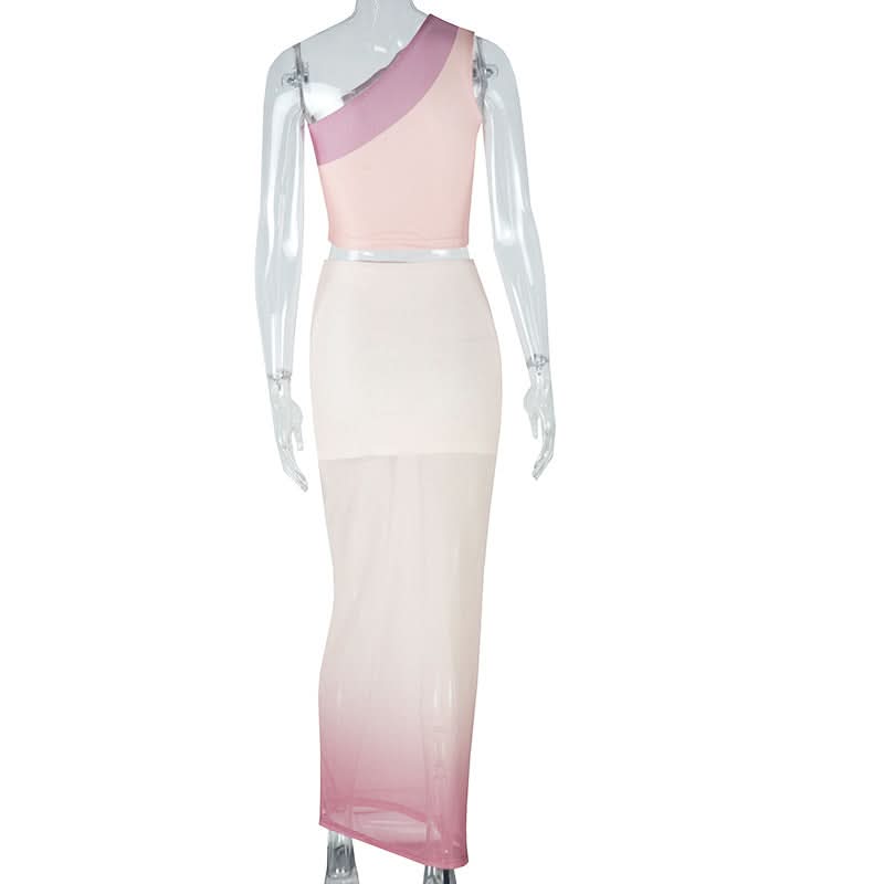 Irregular one shoulder mesh gradient maxi skirt set