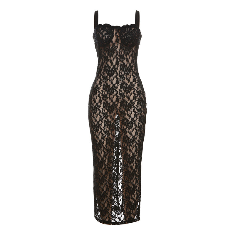 Floral Lace Overlay Scoop Neck Spaghetti Strap Column Maxi Dress