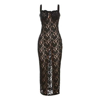 Floral Lace Overlay Scoop Neck Spaghetti Strap Column Maxi Dress