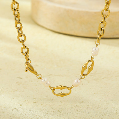 Mixed Metal Pearl Inlaid Collar Necklace