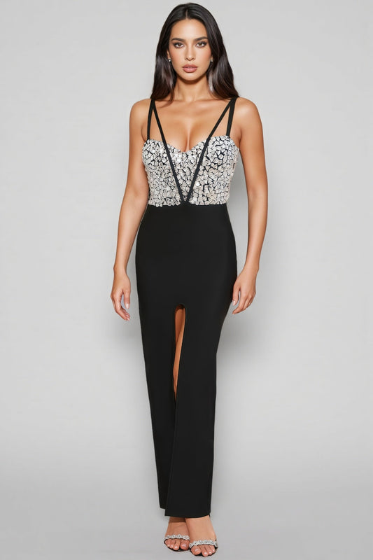 Eirike Glitter Diamond High Split Maxi Dress