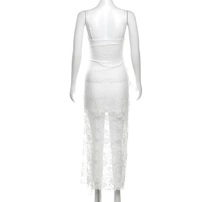 Lace ruffle flower pattern cami midi dress