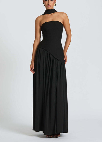 consonak Strapless Back Lace-up High Slit Splice Maxi Dress
