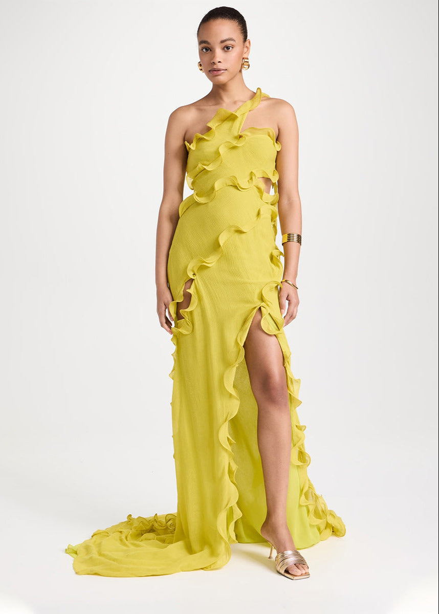 Solara – One-Shoulder Ruffle Slit Gown