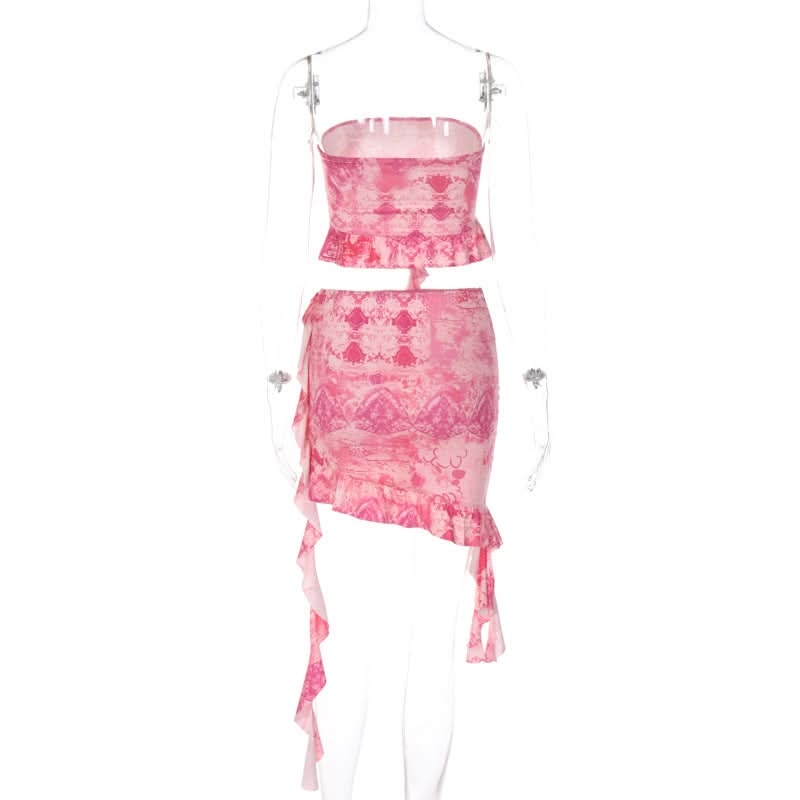 Ruffle ruched print contrast tube mini skirt set