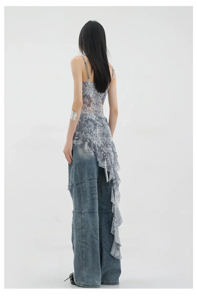 Vintage Distressed And Dirt-Dyed Patchwork Wide-Leg Jeans