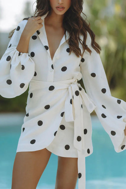 Effortlessly Linen Blend Polka Dot Balloon Sleeve Blouse and Wrap Tie-up Loose Mini Skirt Set