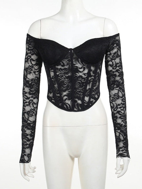 See through Push up Off Shoulder Lace Waist Full Sleeves Top