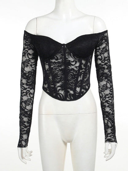 See through Push up Off Shoulder Lace Waist Full Sleeves Top