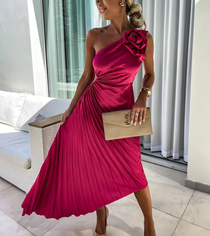 Romantic Nights Satin Raised Flower Elastic Cutout One Shoulder Pleated Maxi Dress