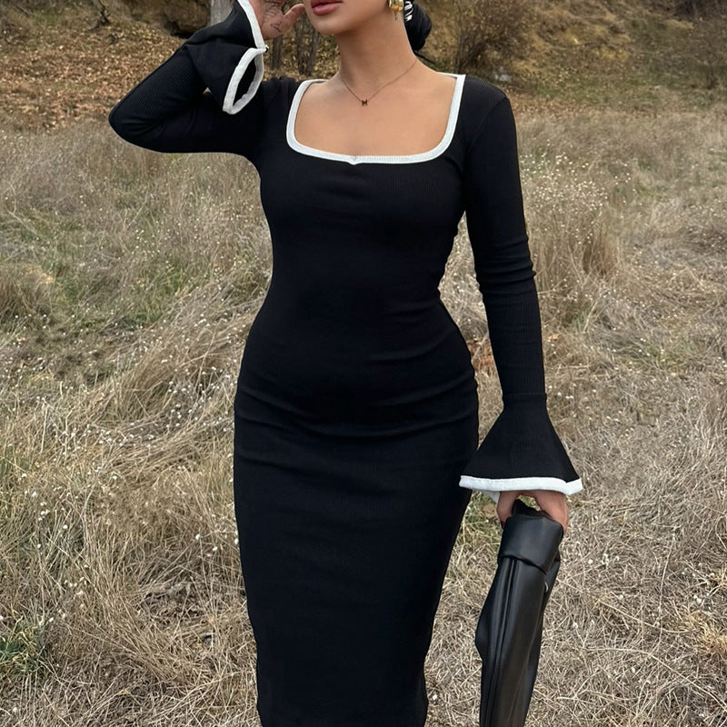 Square Neck Contrast Trim Bell Cuff Knit Bodycon Midi Dress